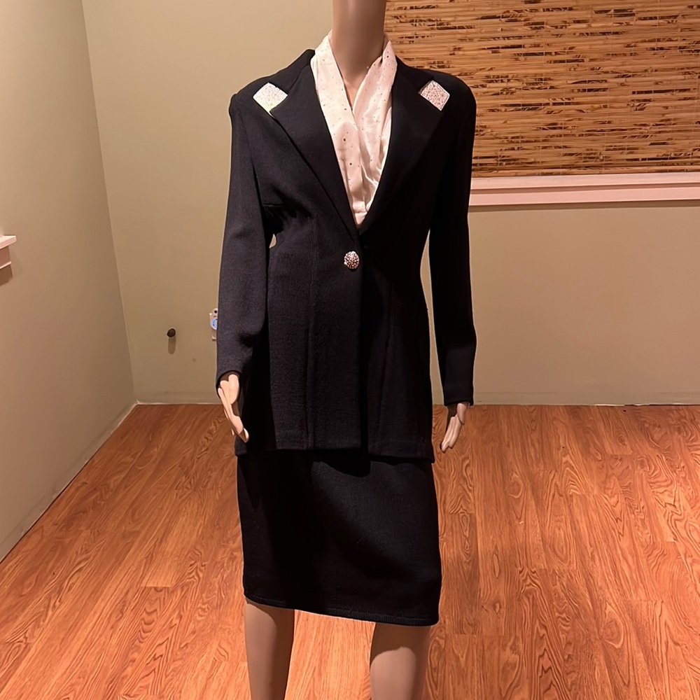 St. John Evening 3 Piece Skirt Set In Black Cream Silk & Rhinestone 10
